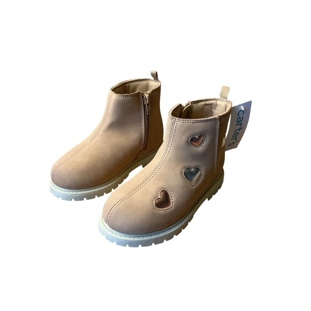 Carters Toddler Girls Tan Faux Suede Heart Ankle Boots Size 12 Zipper Lug Sole